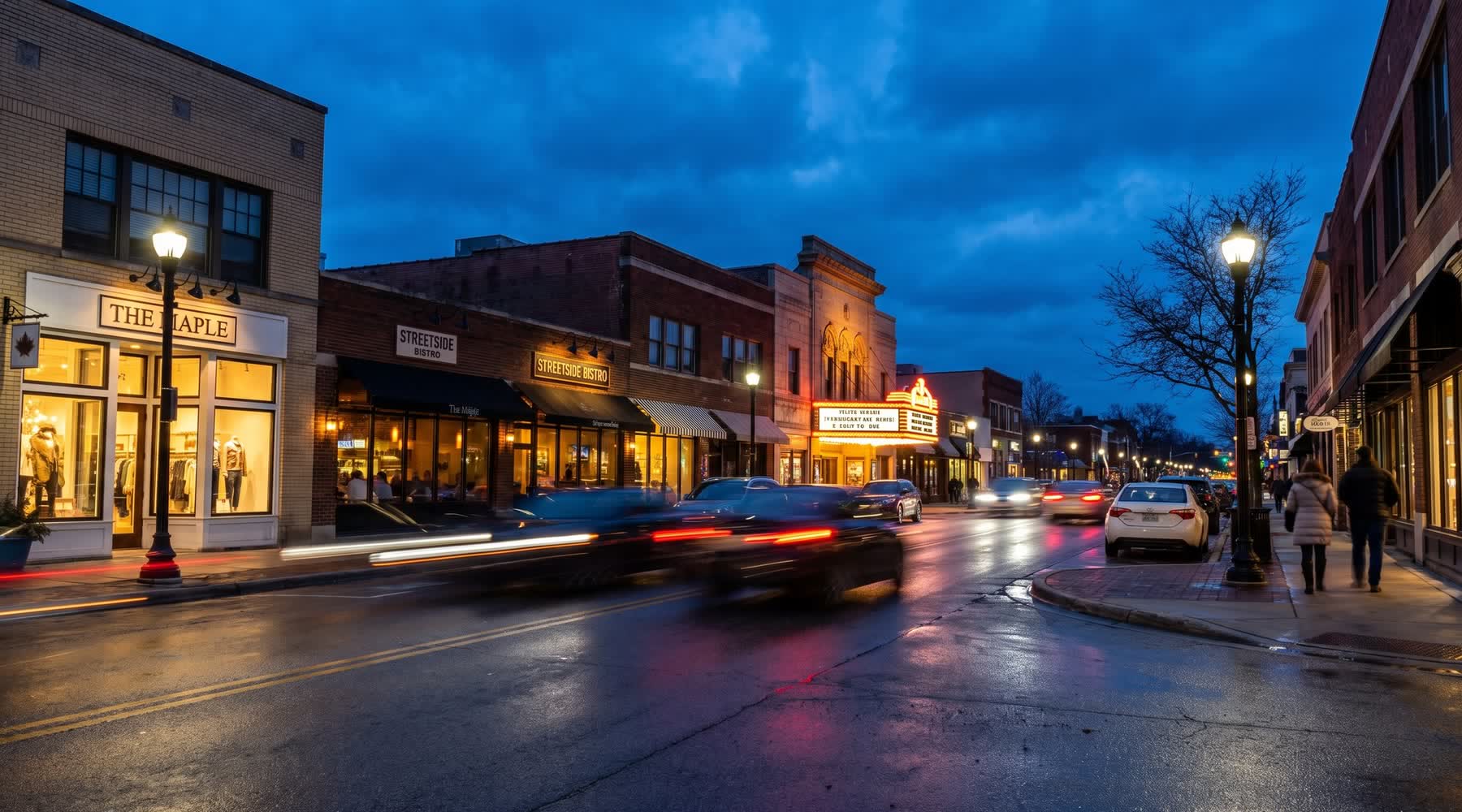 Woodward Avenue in downtown Birmingham, Michigan on a wet evening with storefronts lit.