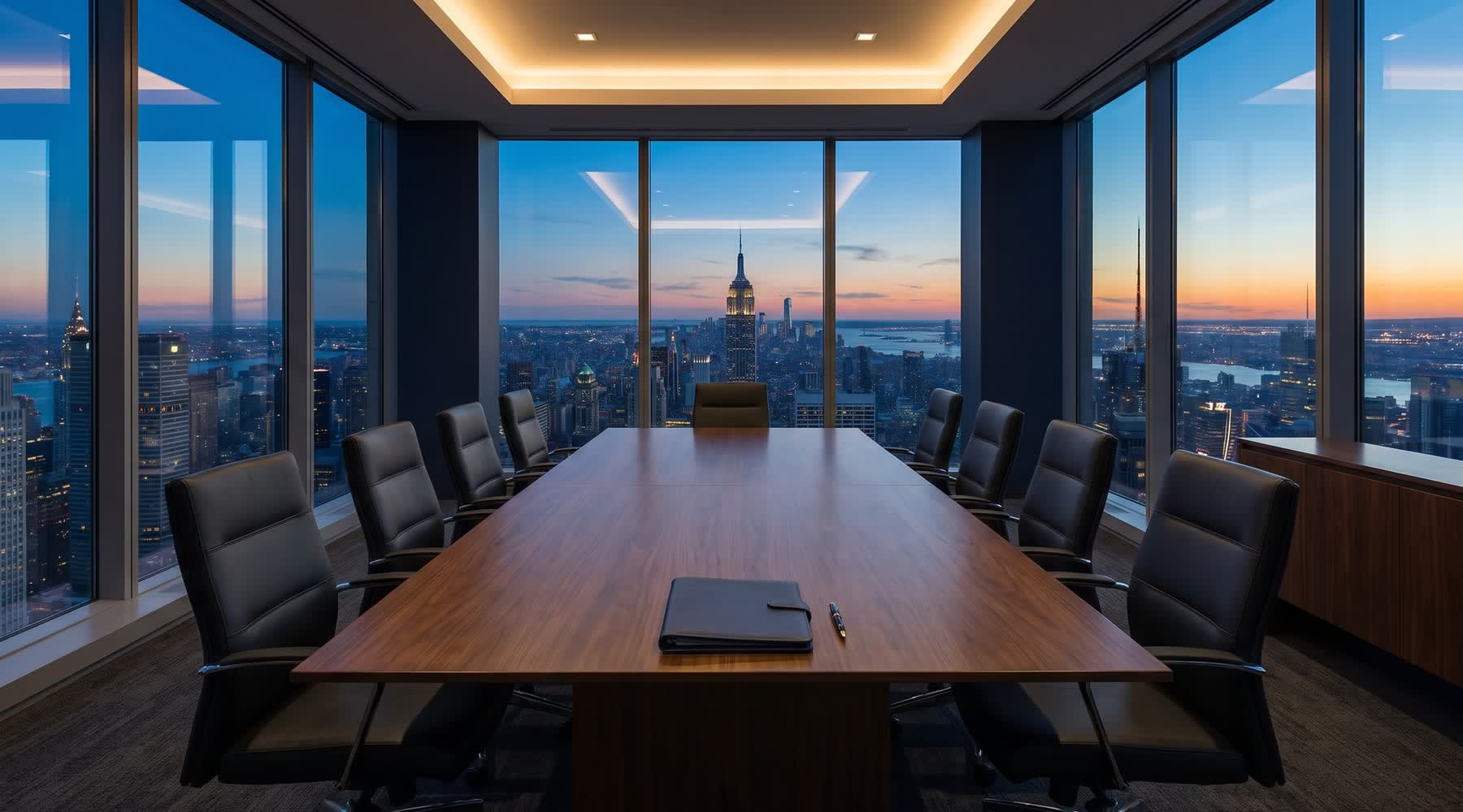 Commercial boardroom at dusk overlooking a city skyline.