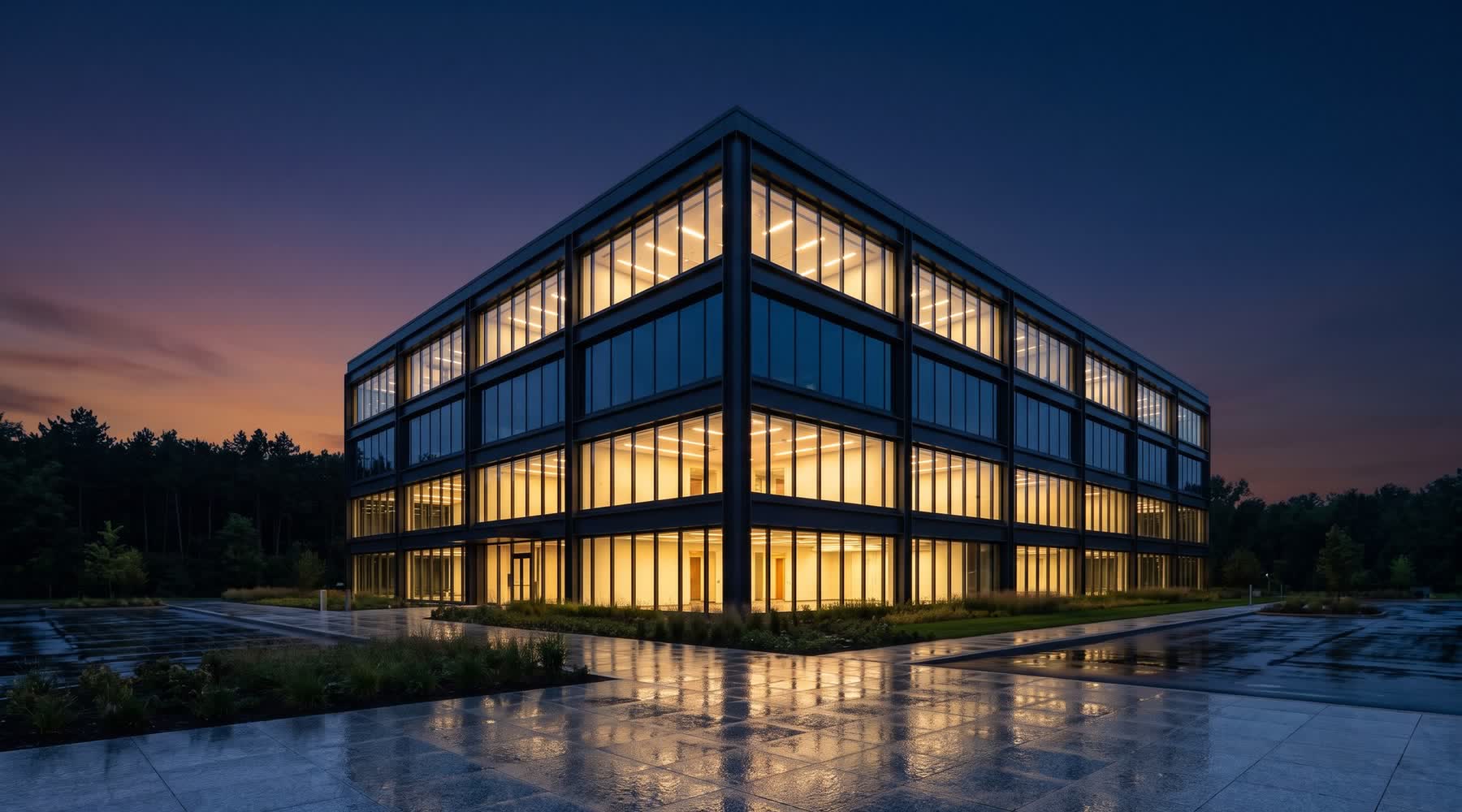 Modern glass commercial office building lit at dusk.