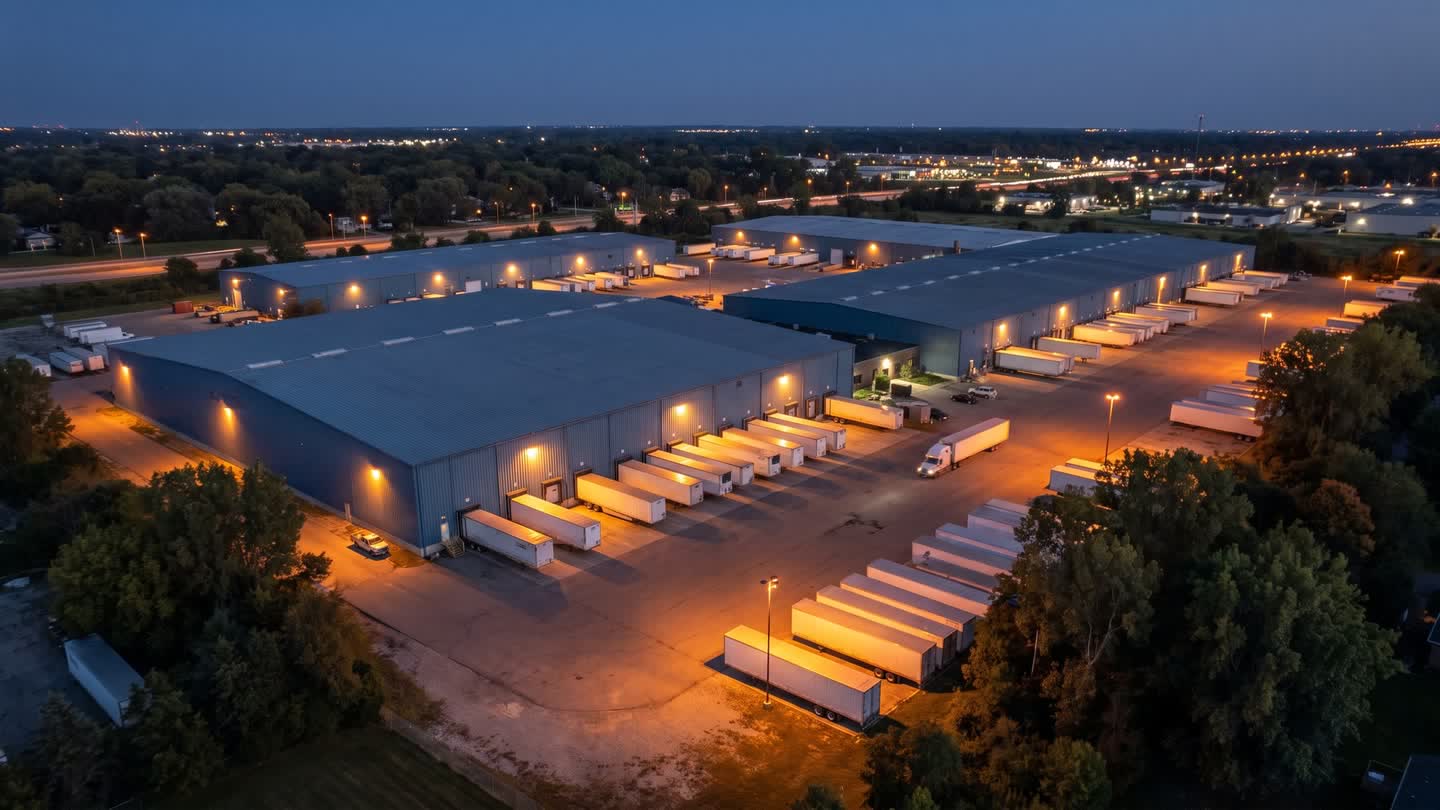 Aerial view at dusk of a multi-building industrial complex with loading docks and semi-trailers parked along the bays.