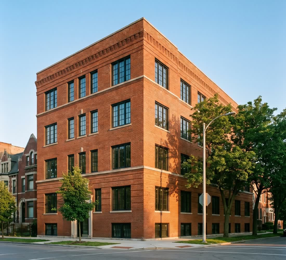 Renovated red-brick multi-story apartment building on a tree-lined Midtown Detroit street.