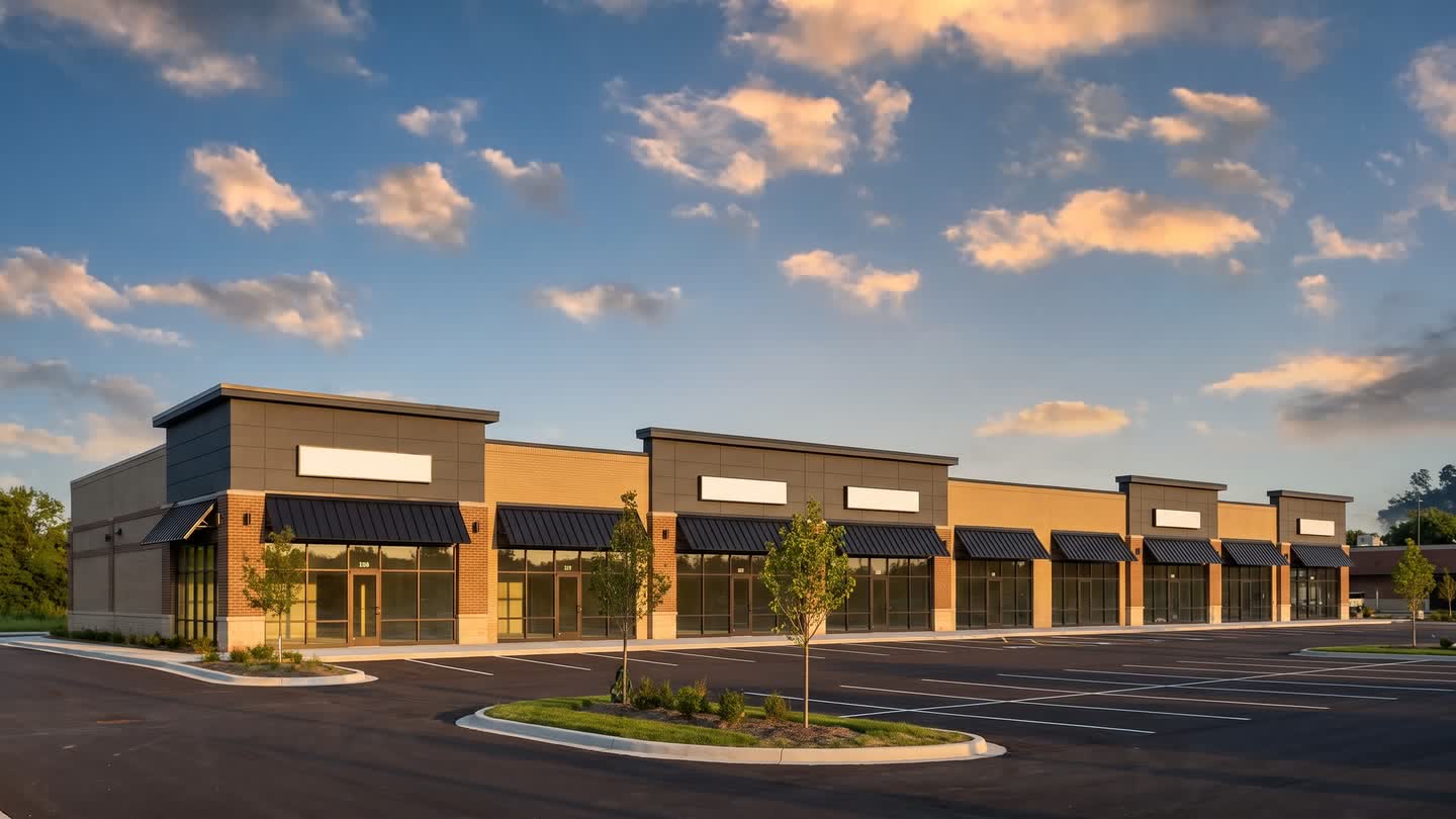 Newly built suburban retail strip center photographed at golden hour with tenant storefronts along the frontage.