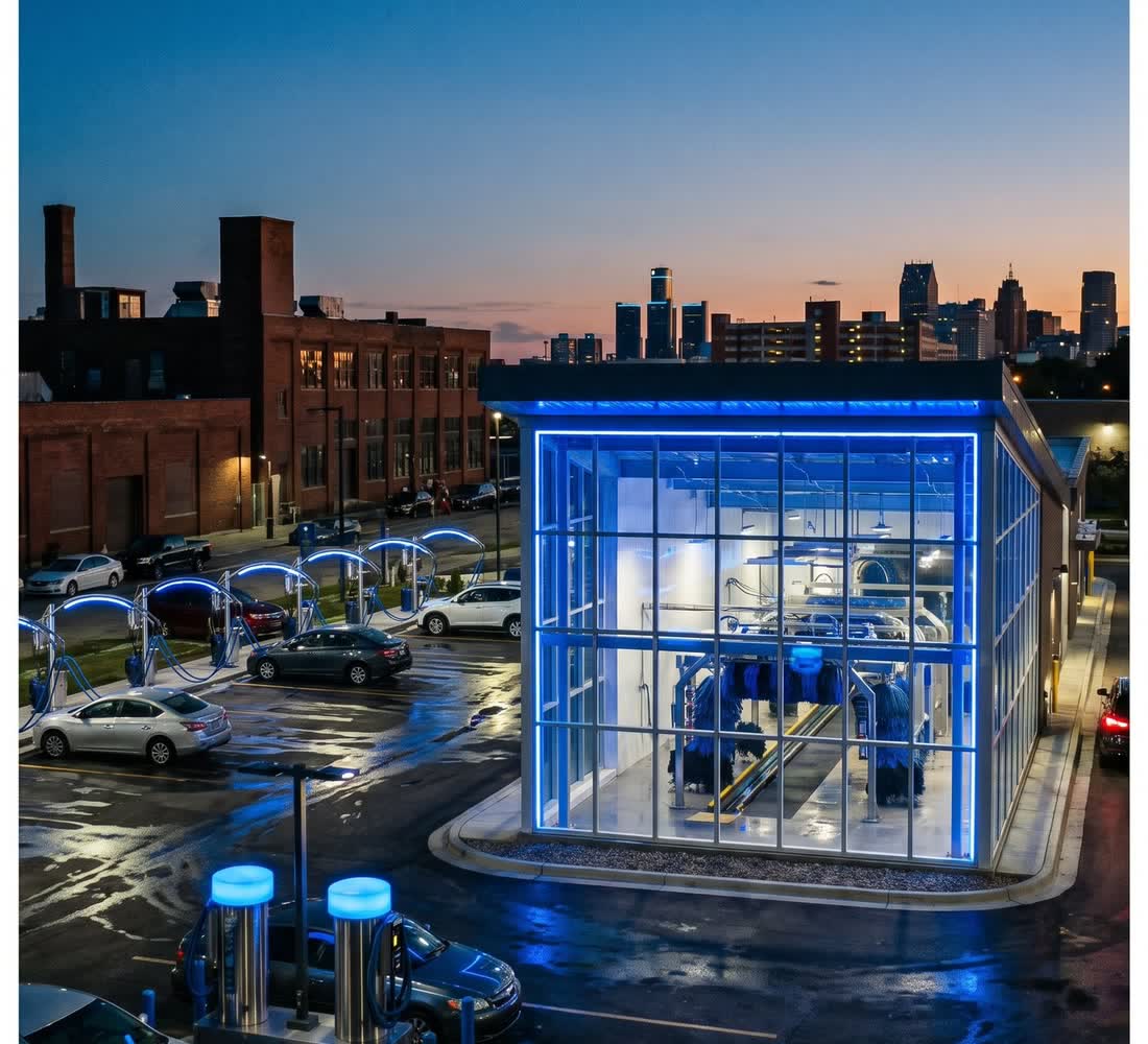 Newly built express car wash tunnel lit blue at dusk with the Detroit skyline behind it.