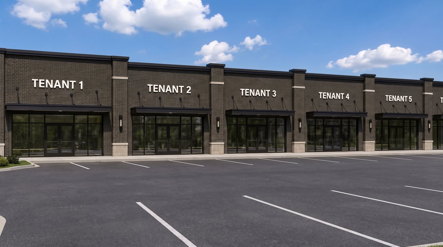 Architectural rendering of The Shoppes at Hayes & 21 Mile, a new-construction retail strip with suites marked Tenant 2, Tenant 3 and Tenant 4.