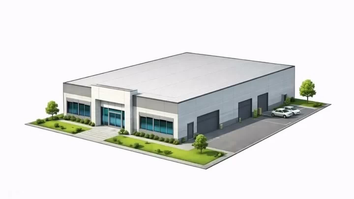 Architectural rendering of an approved 12,000 SF single-story industrial building with parking and truck access.