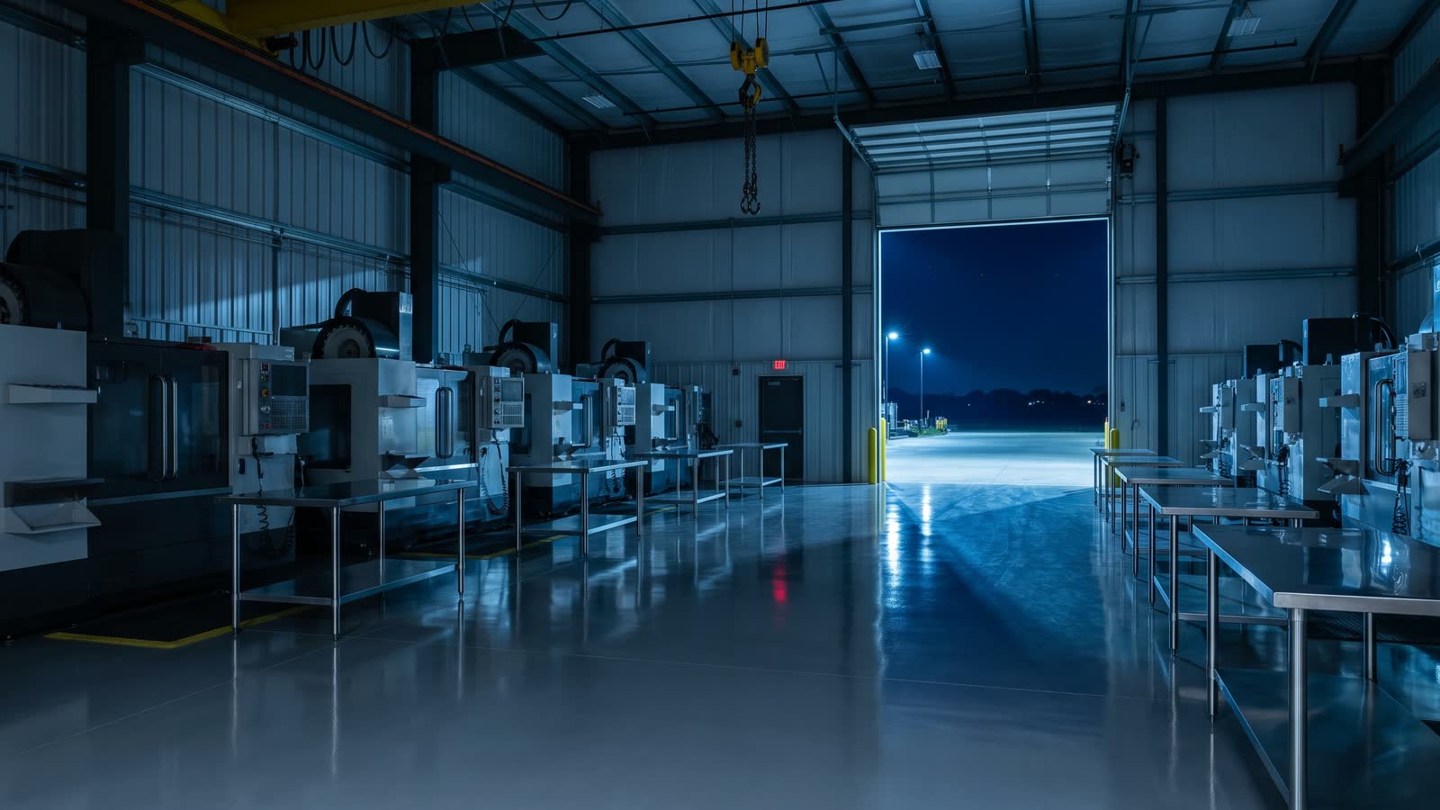 Interior of a clean industrial finishing and service shop at dusk — overhead crane rail, orderly machine bays and an open dock door.