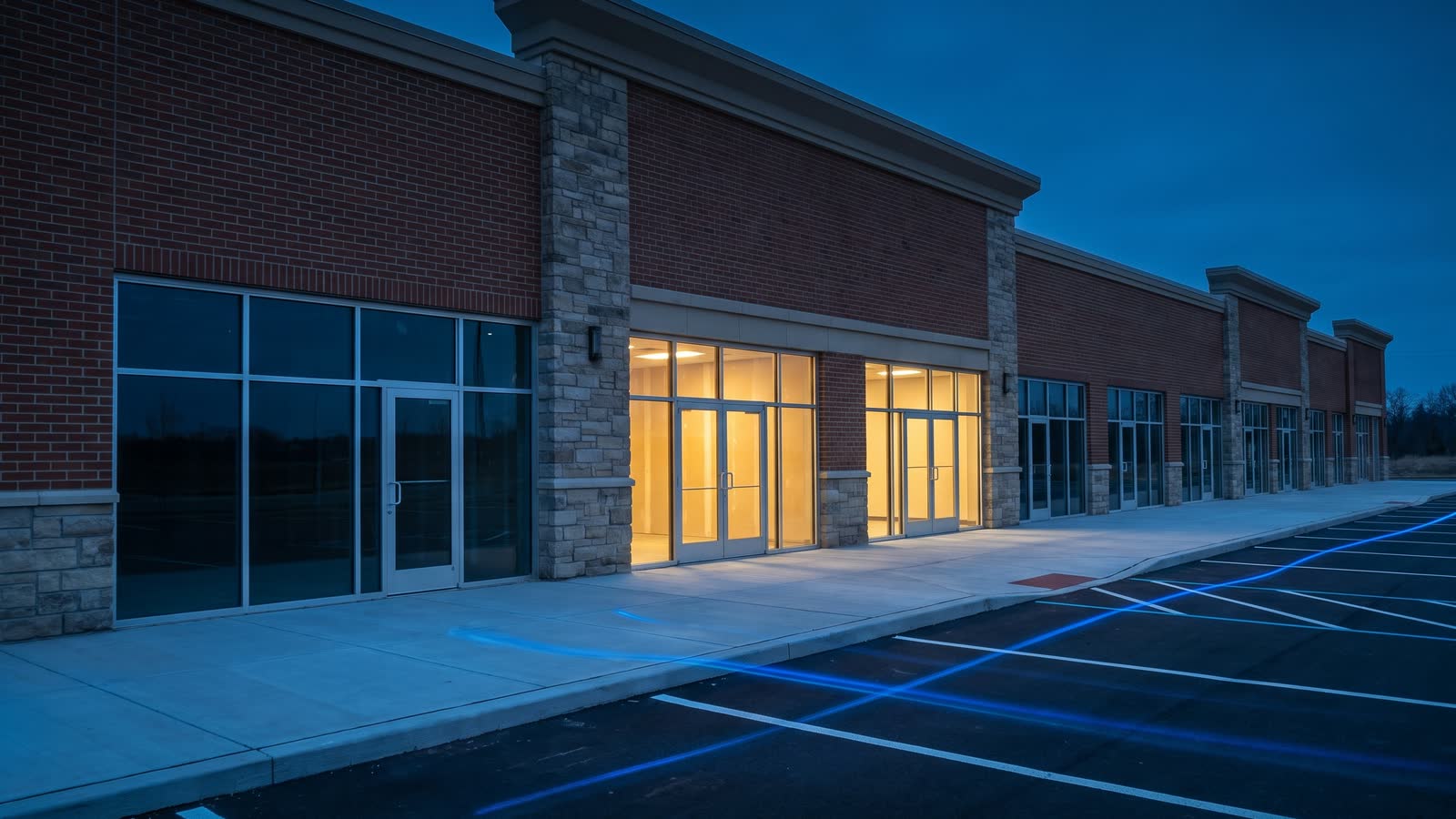 Newly built suburban retail strip centre at dusk, two storefront bays lit from inside and the neighbouring bays still dark and available to lease.