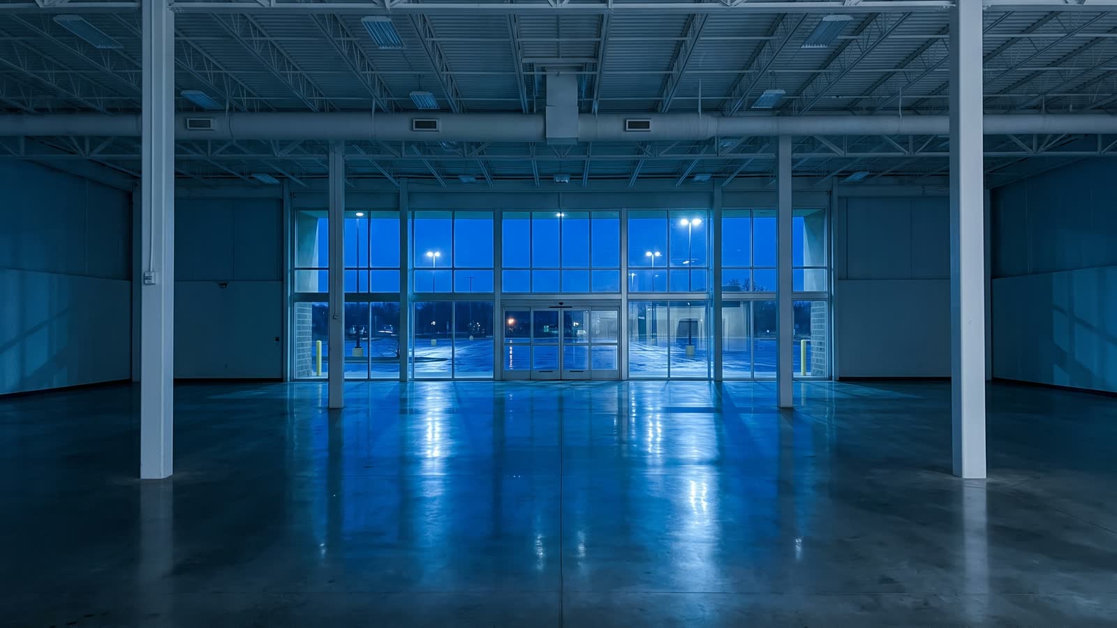 Interior of a vacant big-box retail unit at dusk: polished concrete floor, exposed bar-joist ceiling and a full-height glass storefront with automatic entry doors onto the parking lot.